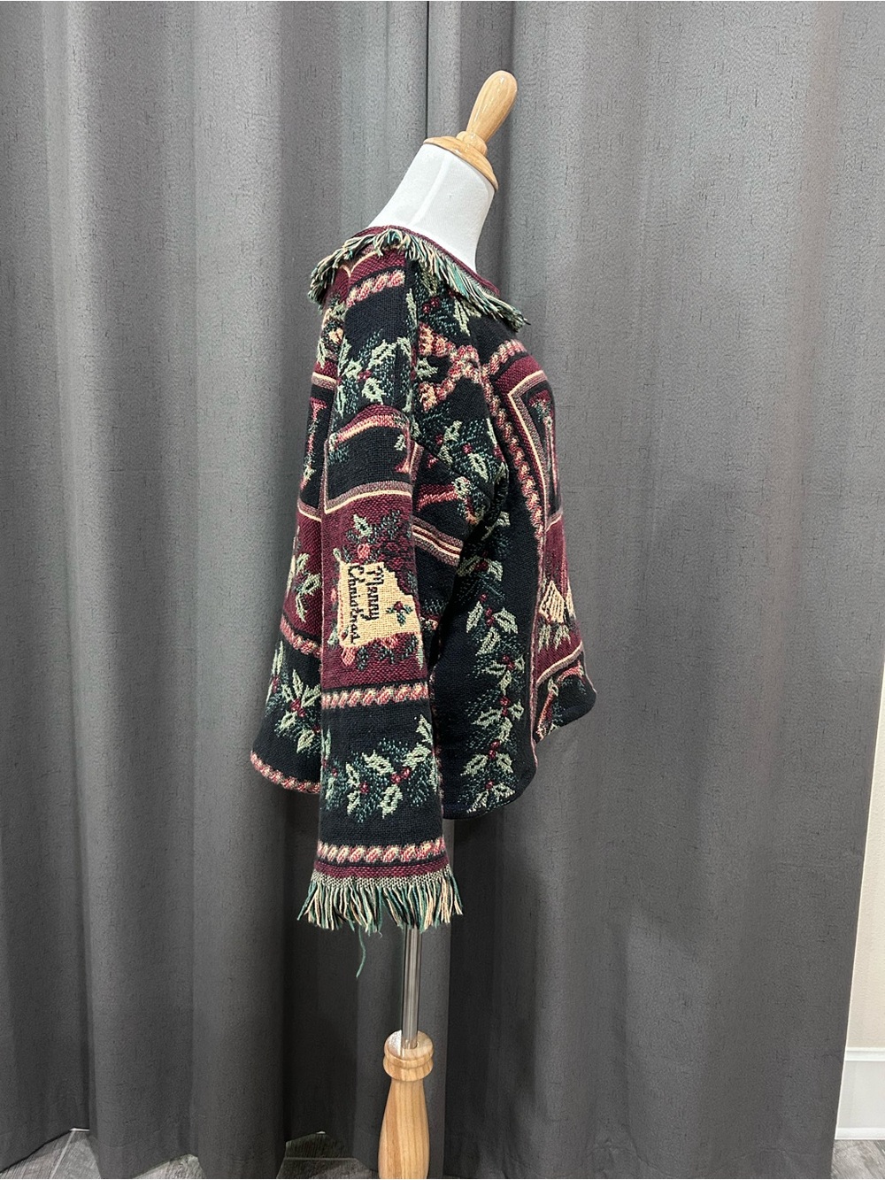 Fringed Tapestry Upcycled Sweater - Burgundy Floral - Picture 6 of 16